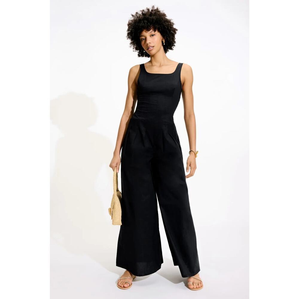 WeWoreWhat Corset Jumpsuit Sleeveless Scoop Neck Smock Pleated Wide Leg Black 4